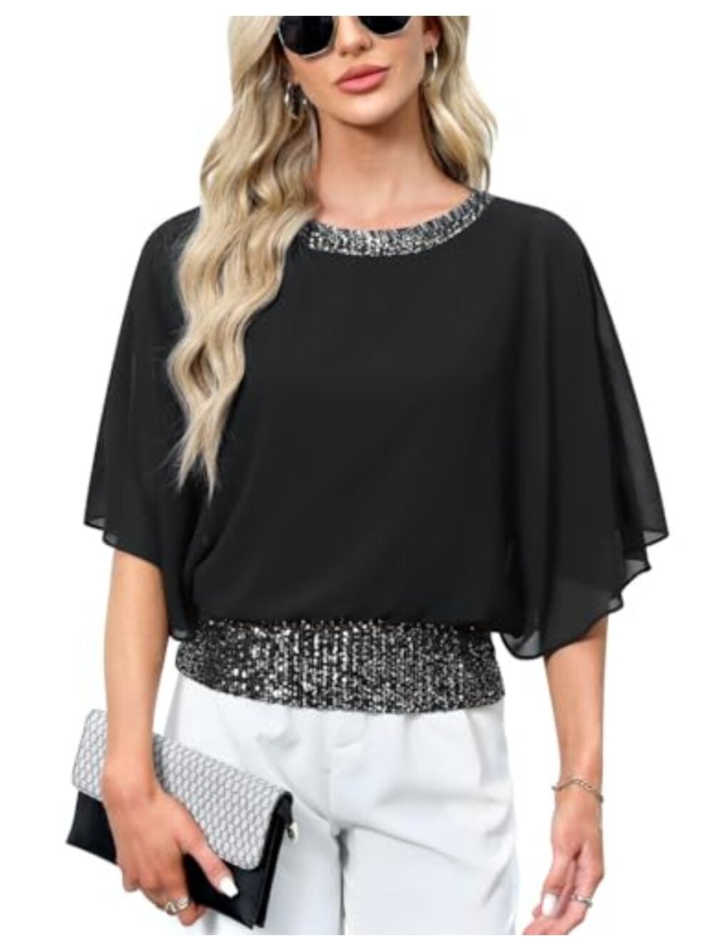 Sequin Batwing Sleeve Chiffon Blouse Tunic Wedding Party Top